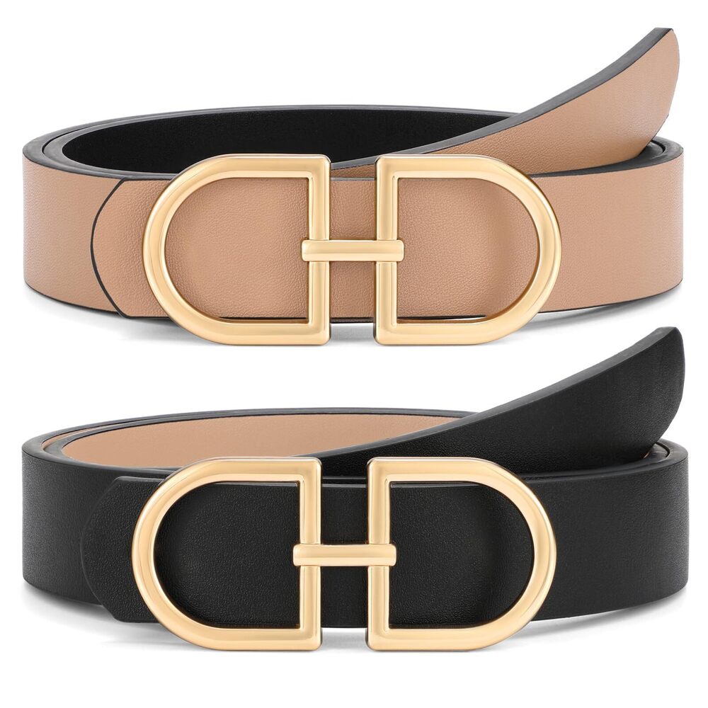 3622 Reversible Leather Belt For Women With Gold Buckle Ladies Two-in-one